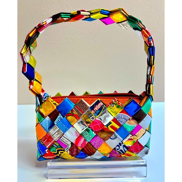 Multi-colored recycled Mexican candy wrapper mini shoulder bag - Picture 3 of 8